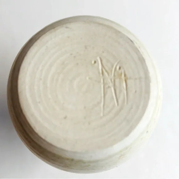Vintage Signed Boho pottery.Neutral pottery in cream with green design.